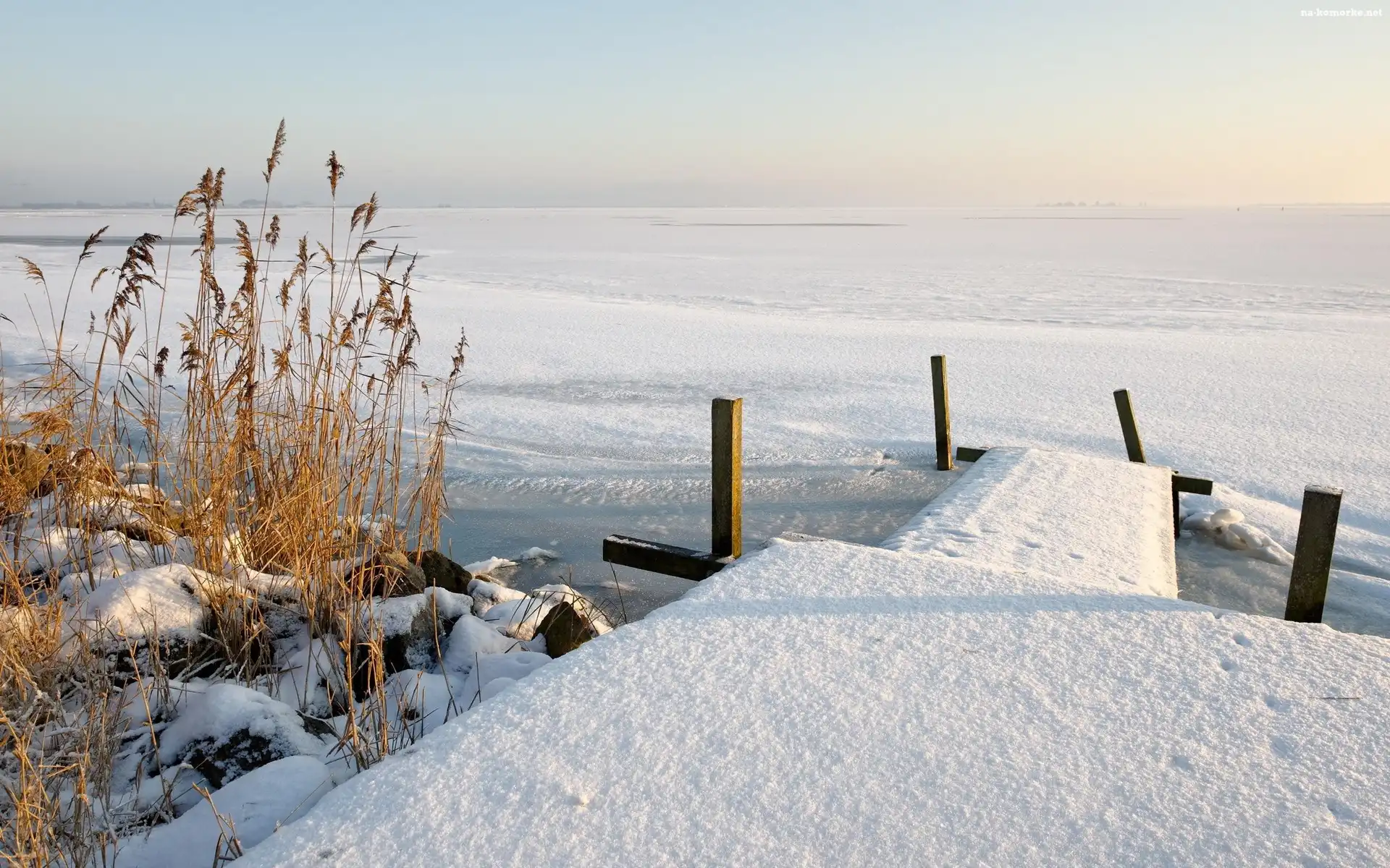 Śnieg, Jezioro, Pomost, Zamarznięte