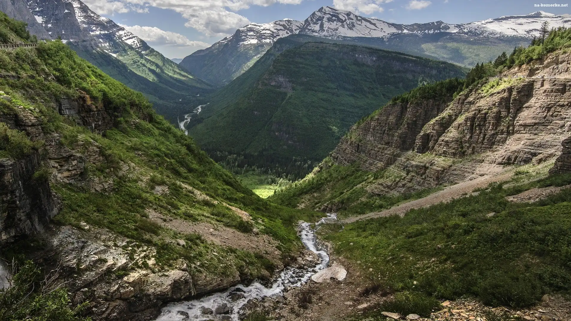Porośnięte, Przełęcz Logan Pass, Stany Zjednoczone, Góry Skaliste, Stan Montana, Park Narodowy Glacier, Wzgórza, Skały, Strumyk, Kamienie