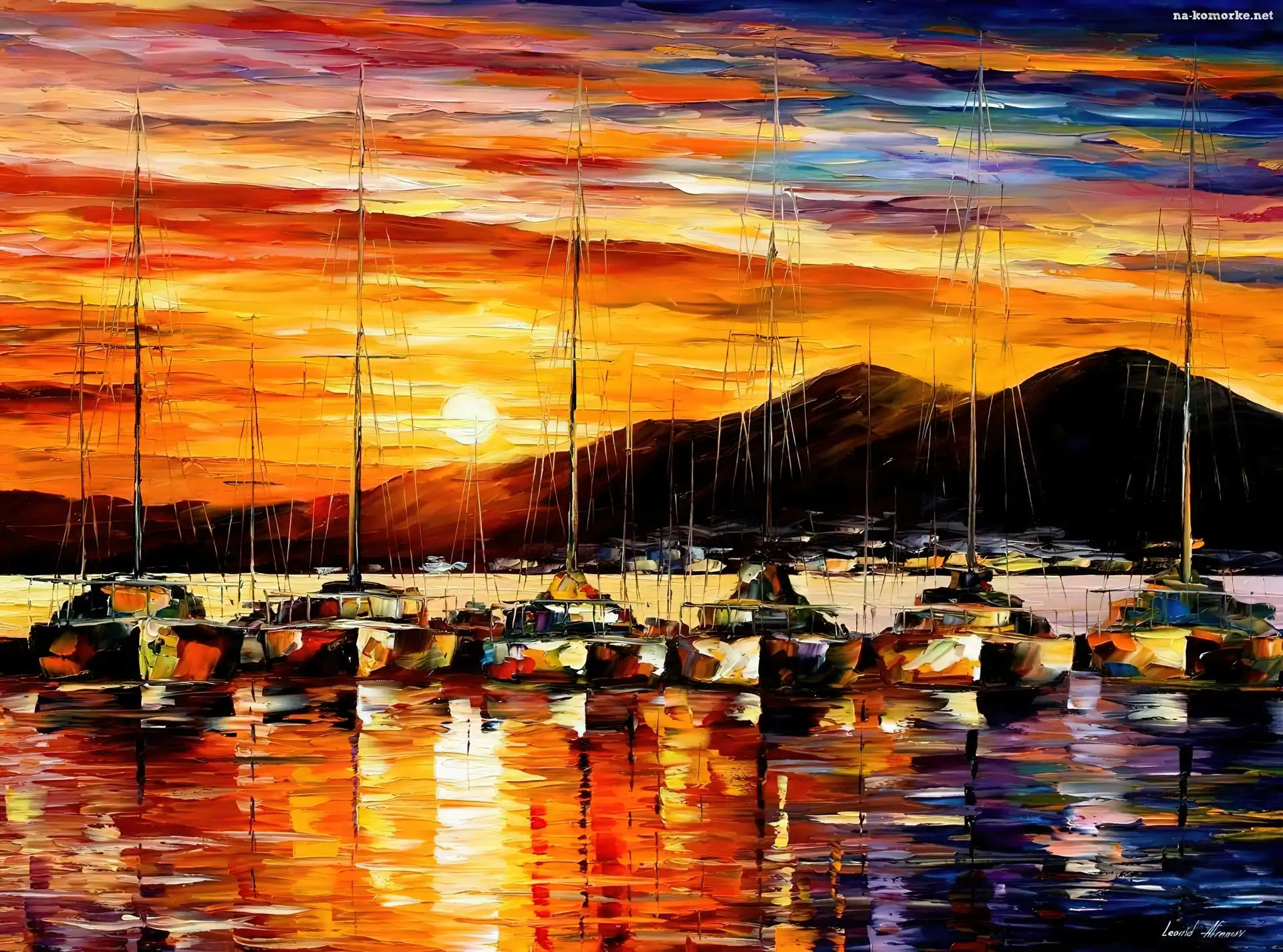 Zachód słońca, Reprodukcja obrazu, Leonid Afremov, Żaglówki, Góry