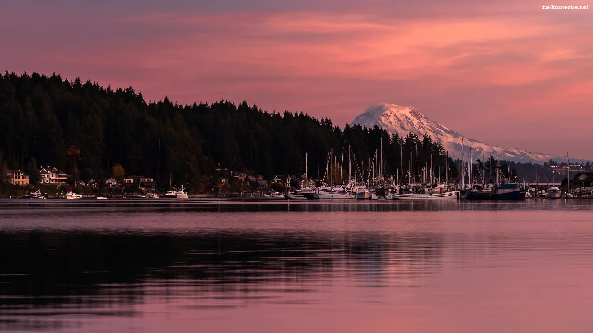 Port, Zatoka Gig Harbor, Jezioro, Przystań, Stany Zjednoczone, Mount Rainier, Zachód słońca, Żaglówki, Stan Waszyngton, Góra, Drzewa