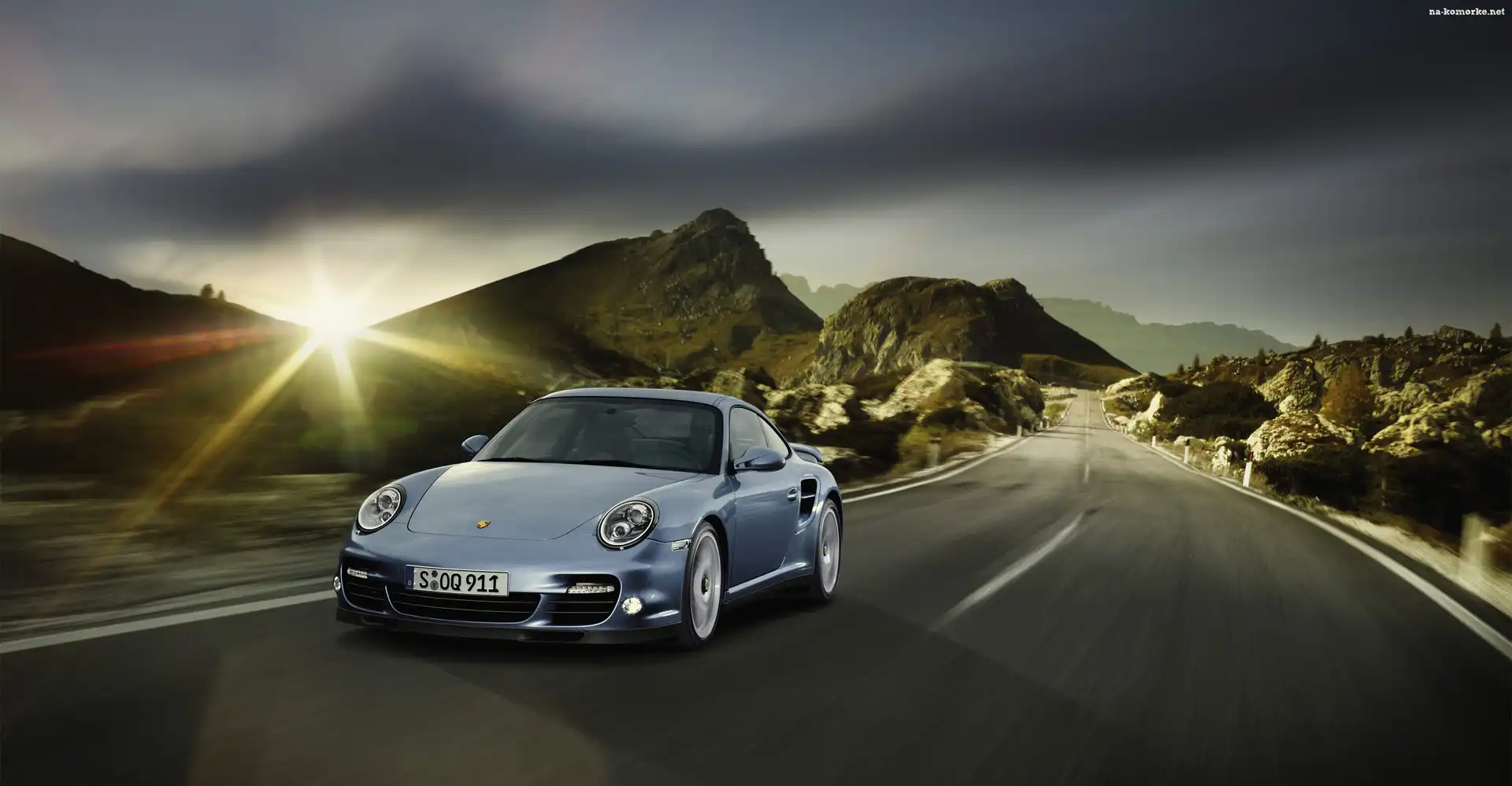 Samochód, Promienie, 911, Słońca, Porsche, Turbo, Droga, Góry