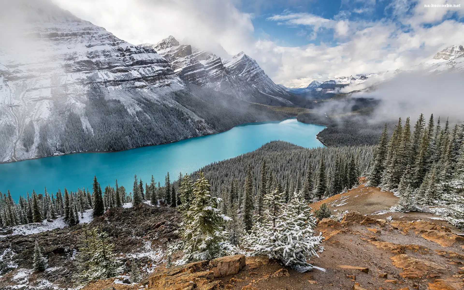 Zima, Jezioro, Kanada, Góry, Prowincja Alberta, Śnieg, Park Narodowy Banff, Peyto Lake, Chmury, Drzewa