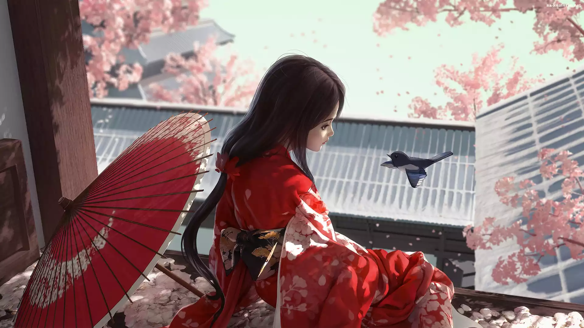 Kimono, Parasolka, Grafika, Ptaszek, Azjatka, Smutna, Kobieta