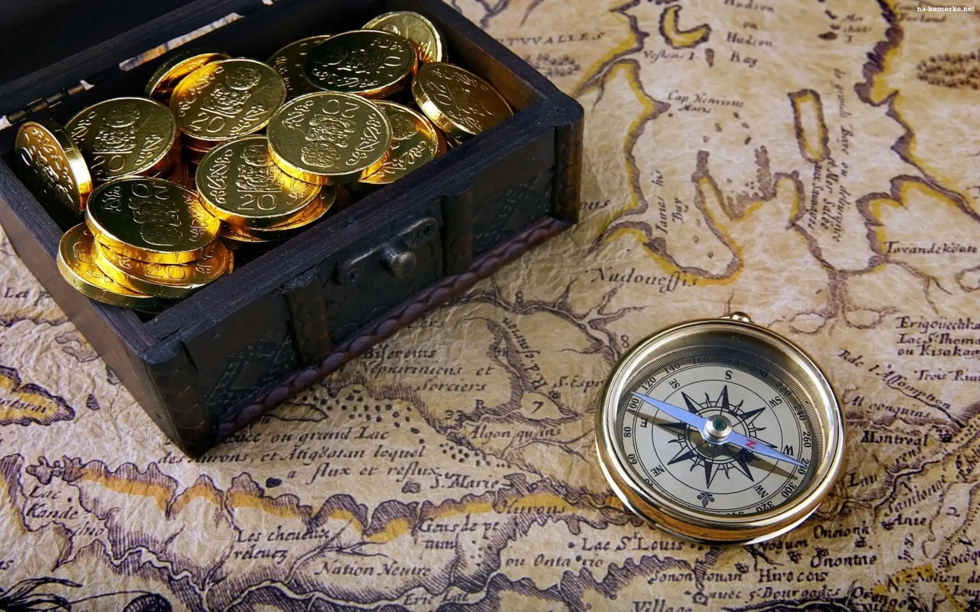 Pudełko, Kompas, Mapa, Monety