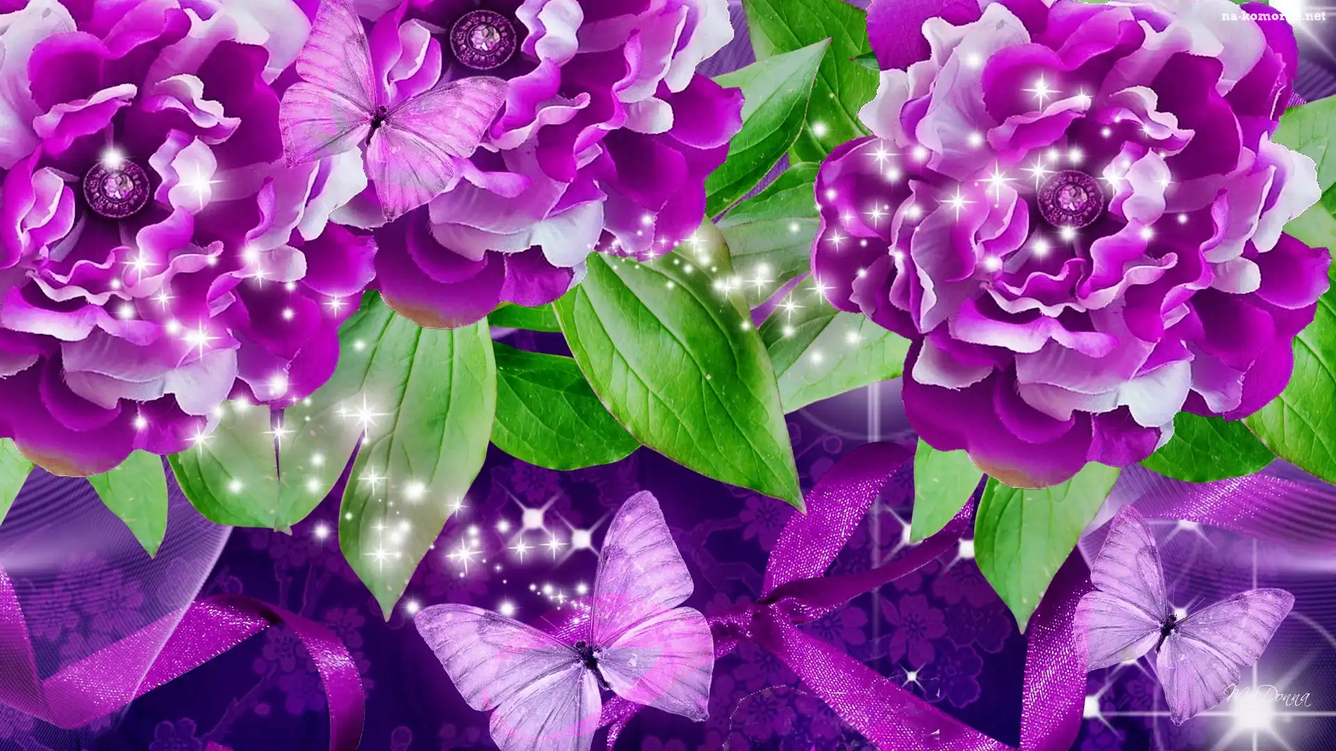 Purpurowe, Art, Kwiaty, Motyle