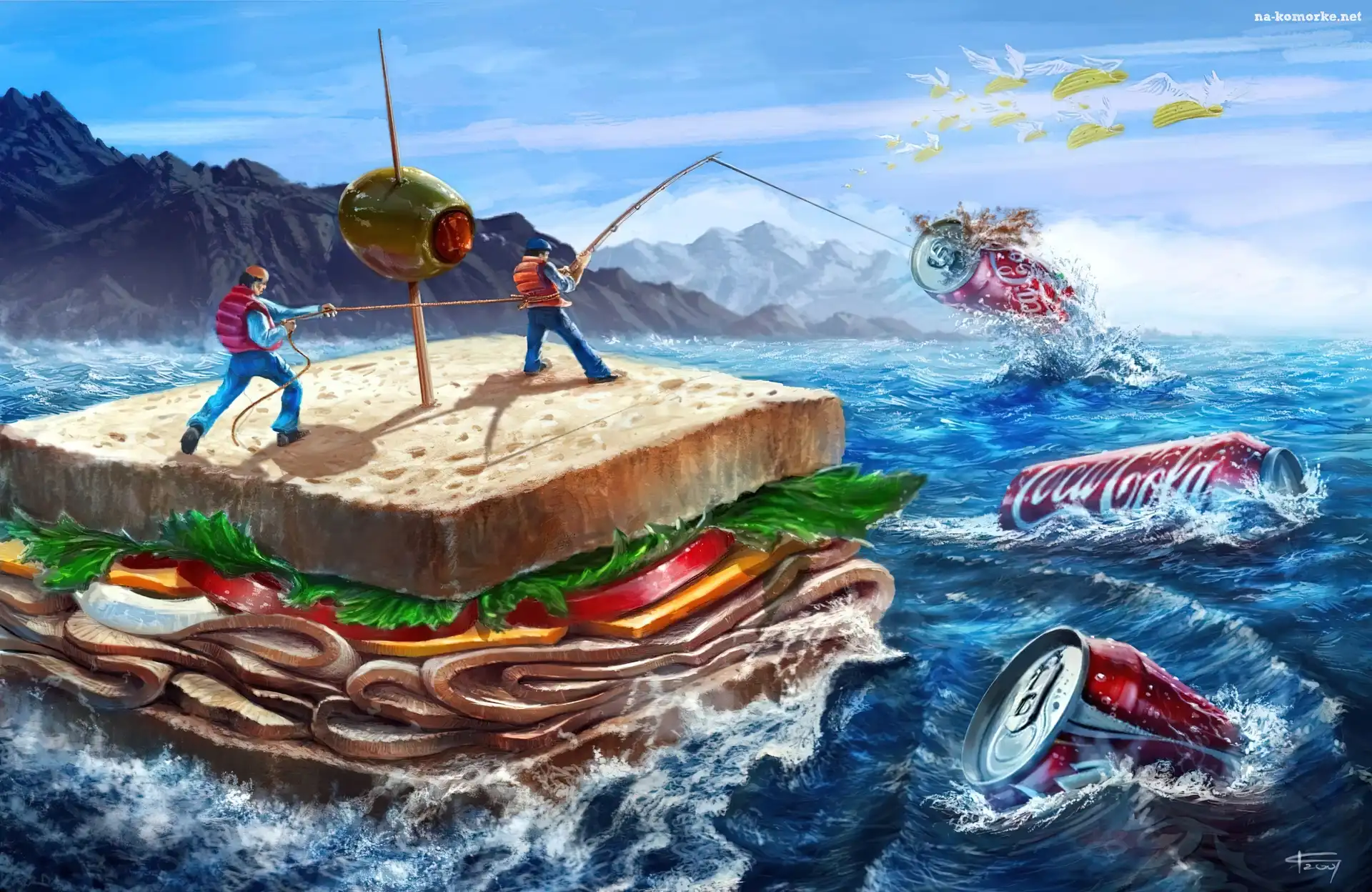 Puszki, Kanapka, Coca-Coli, Morze