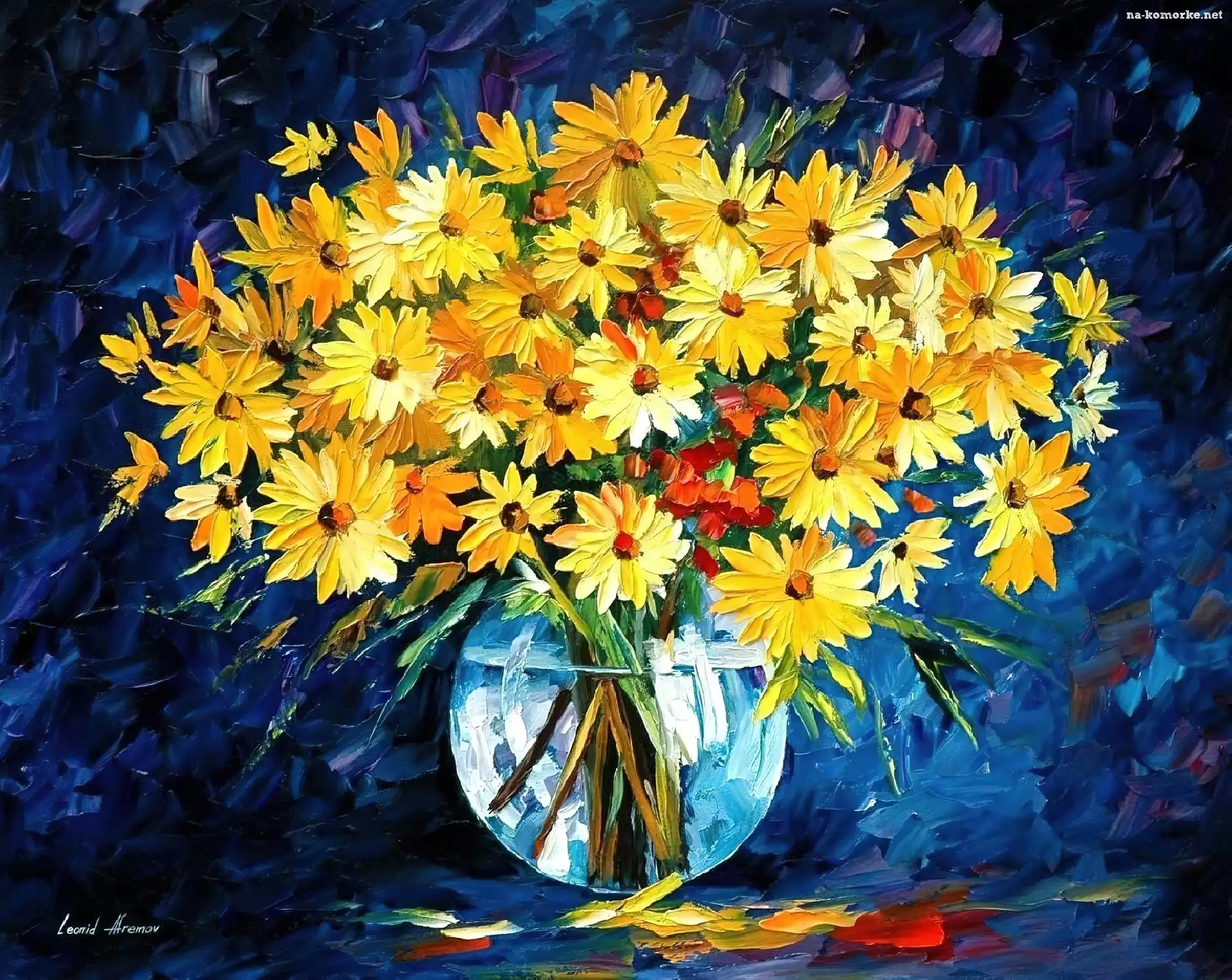 Kwiaty, Reprodukcja, Obraz, Leonid Afremov, Żółte, Bukiet
