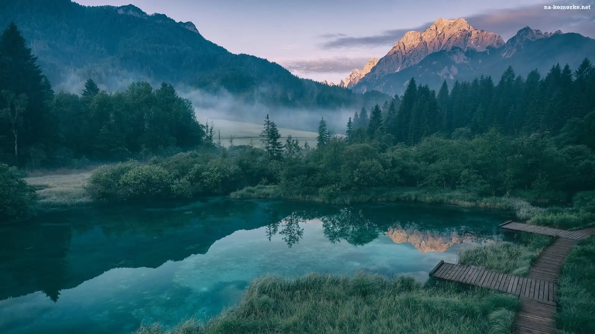 Rezerwat przyrody Zelenci, Słowenia, Lasy, Jezioro Zelenci, Pomost, Kranjska Gora, Drewniany, Góry, Mgła
