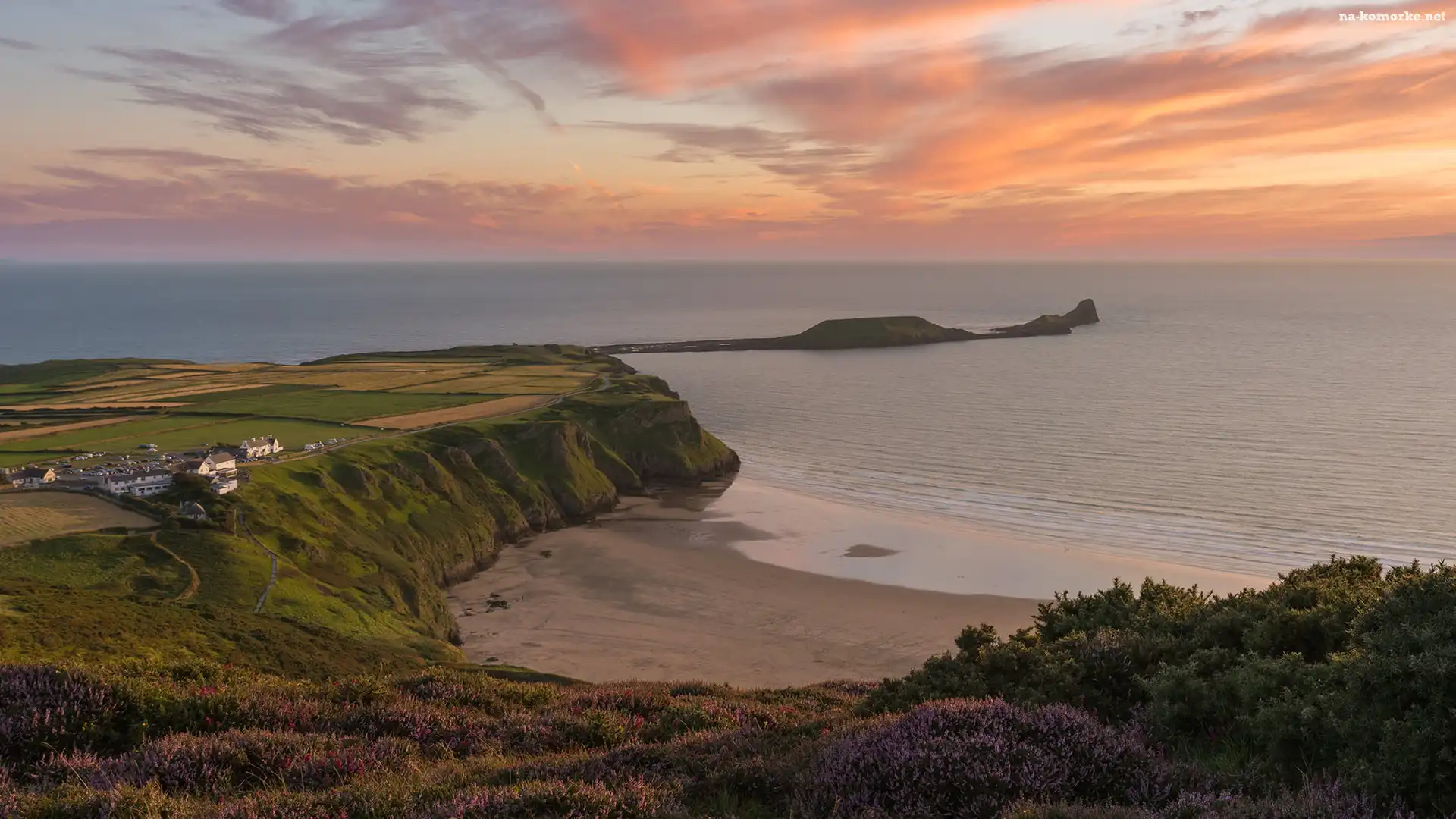 Plaża Rhossili, Morze, Wybrzeże, Walia, Wrzosy, Wioska Pitton