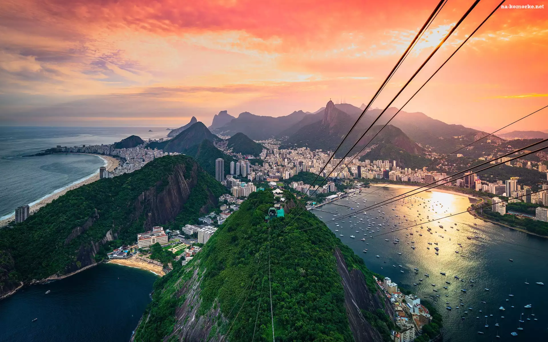 Kolejka linowa, Miasto, Zachód słońca, Morze, Góry, Rio de Janeiro, Brazylia, Z lotu ptaka, Wieżowce