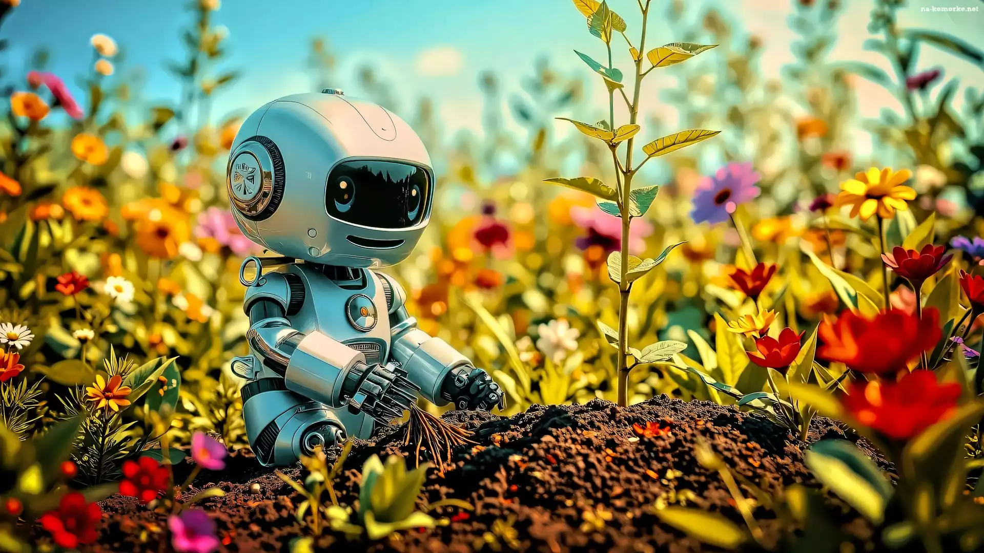 Robot, Kwiaty, Rośliny