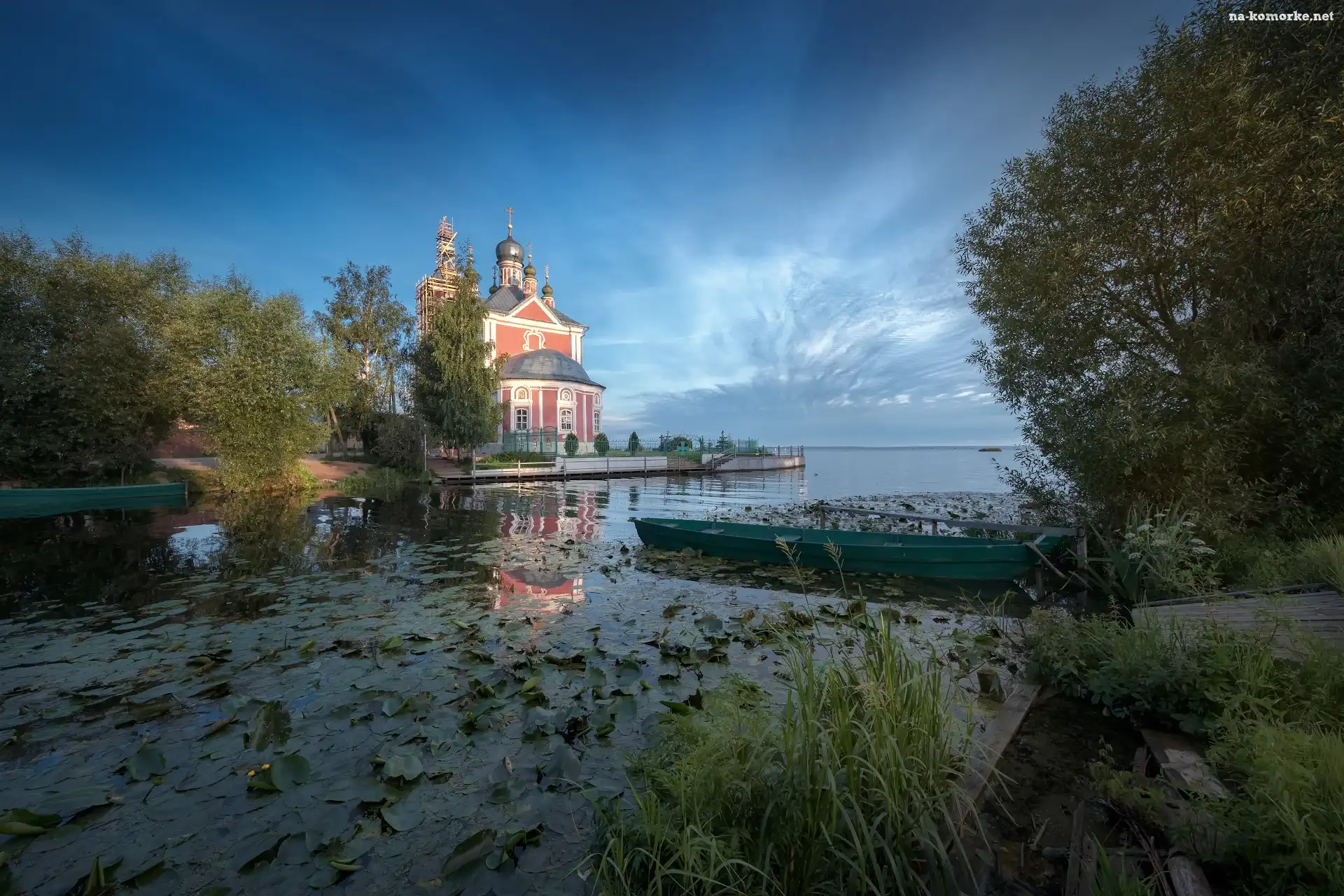 Łódki, Rzeka, Klasztor Goricki Zaśnięcia Matki Bożej, Poranek, Rosja, Trubezh River, Obwód jarosławski, Cerkiew, Peresław Zaleski