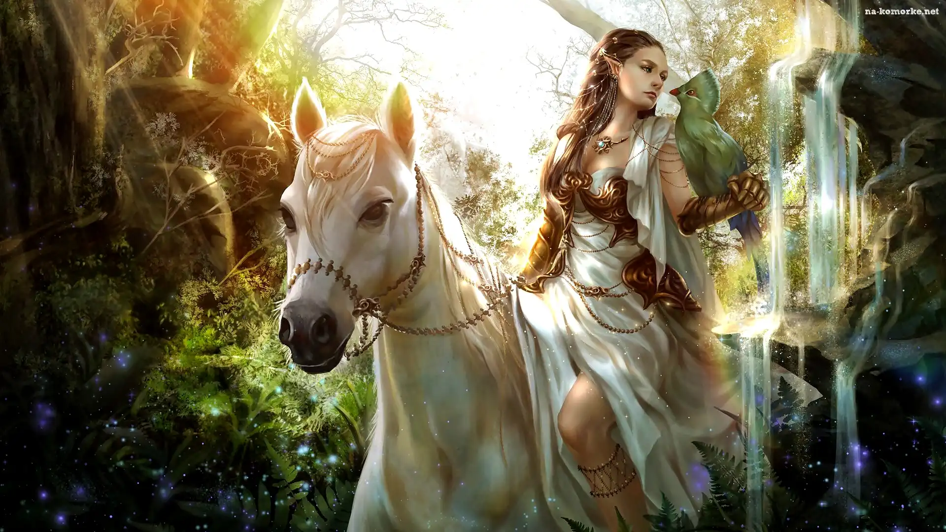 Kobieta, Rośliny, Fantasy, Elf, Biały, Koń, Ptak