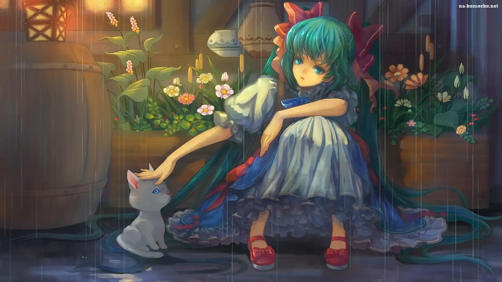 Dziewczynka, Lampa, Anime, Beczka, Manga, Deszcz, Kot, Wazony, Kwiaty, Rośliny