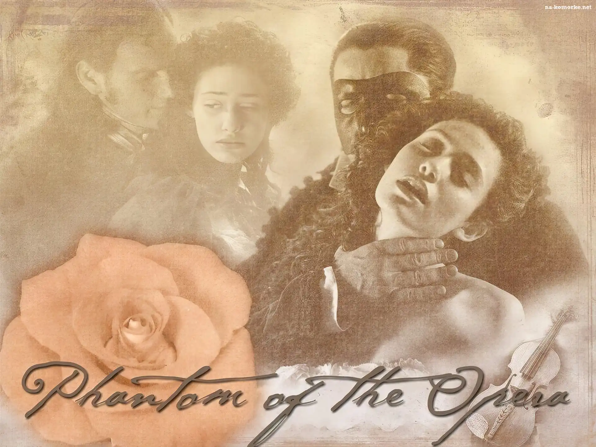 Gerard Butler, róża, napis, Phantom Of The Opera, Emmy Rossum