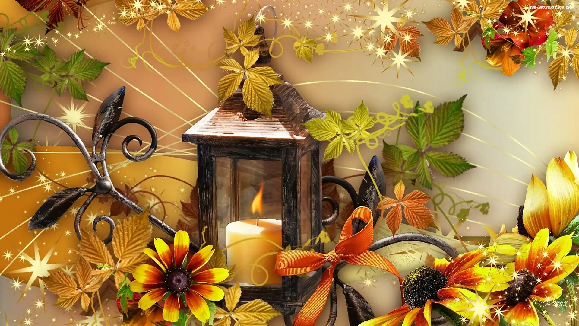 Jesienna, Rudbekia, Liście, Kompozycja, Lampion, Świeca, Kwiaty