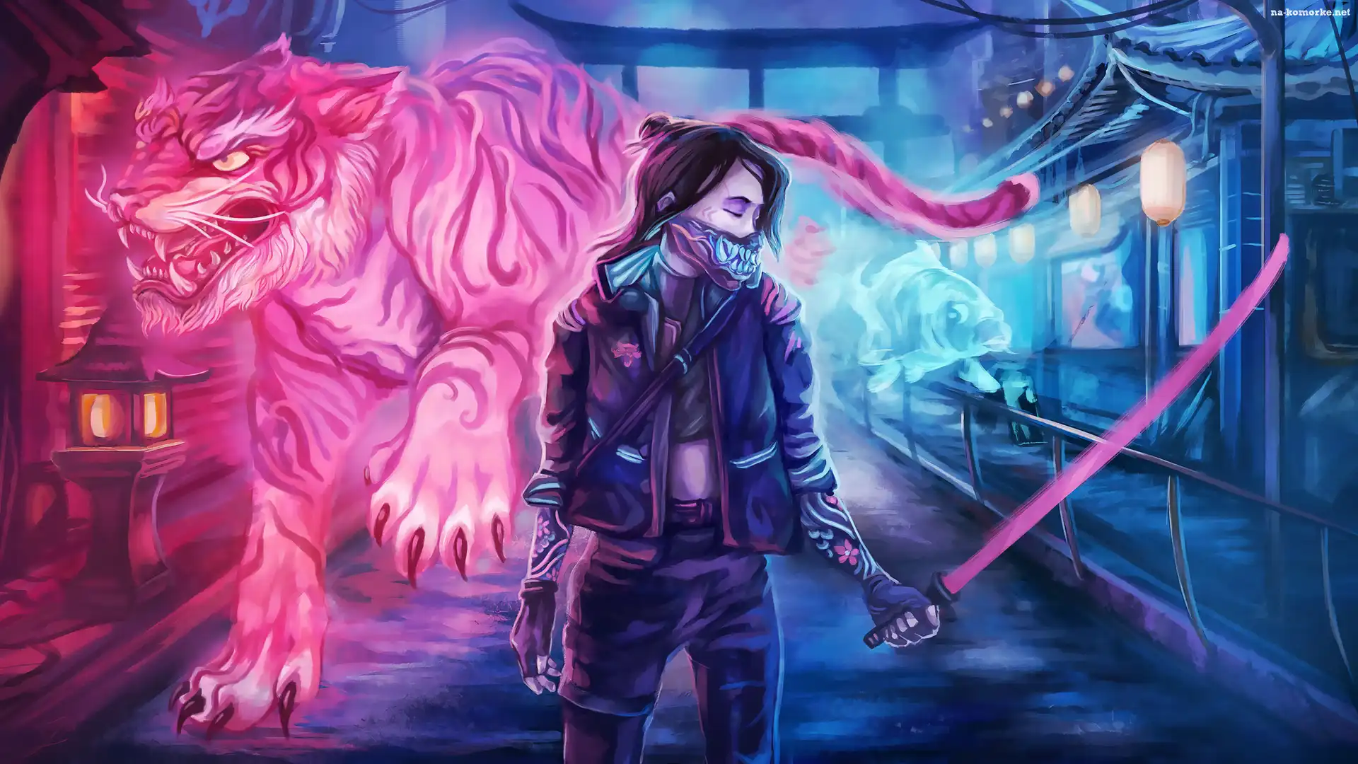 Tygrys, Gra, Miecz, Ryba, Kobieta, Cyberpunk 2077