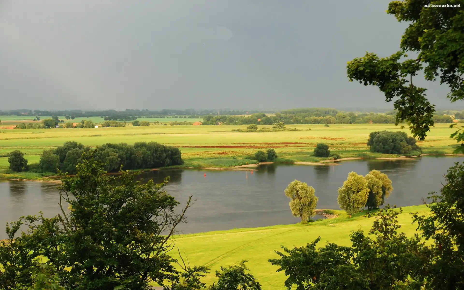 Rzeka, Panorama, Łąki, Drzewa