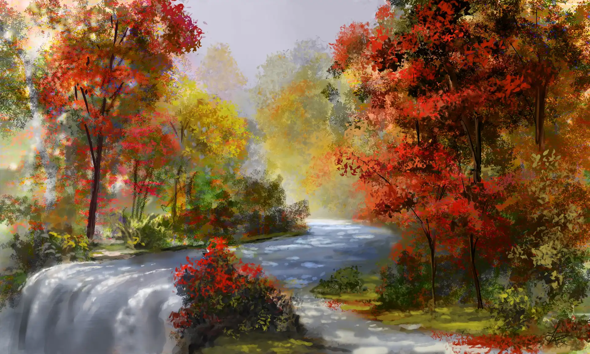 Rzeka, Digital Art, Drzewa, Jesień