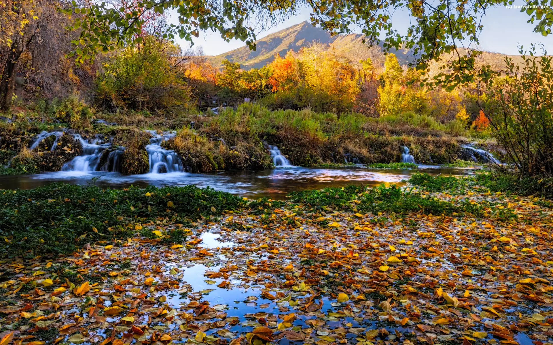 Jesień, Rzeka, Drzewa, Góry, Liście