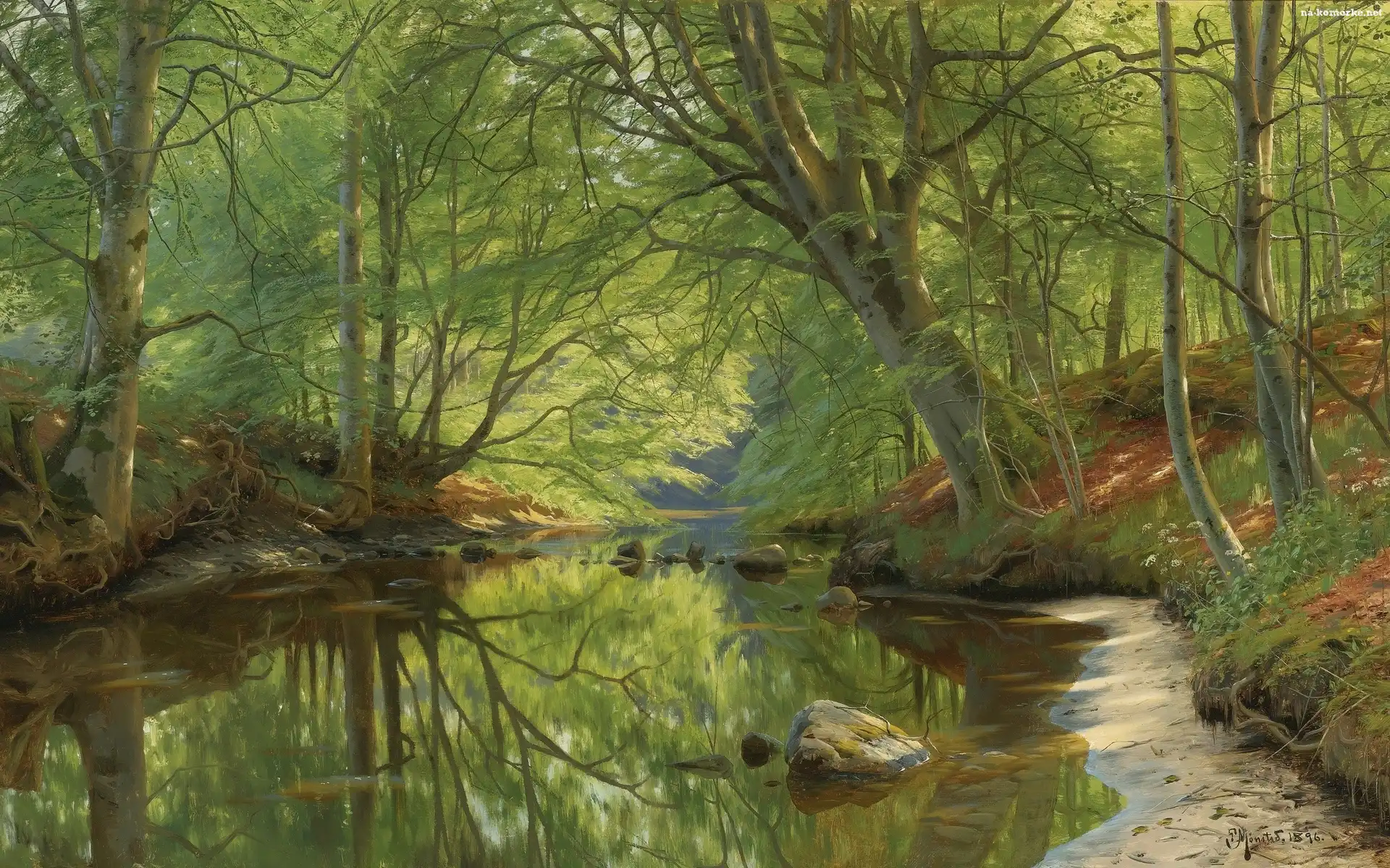 Rzeka, Peder Monsted, Malarstwo, Drzewa, Las