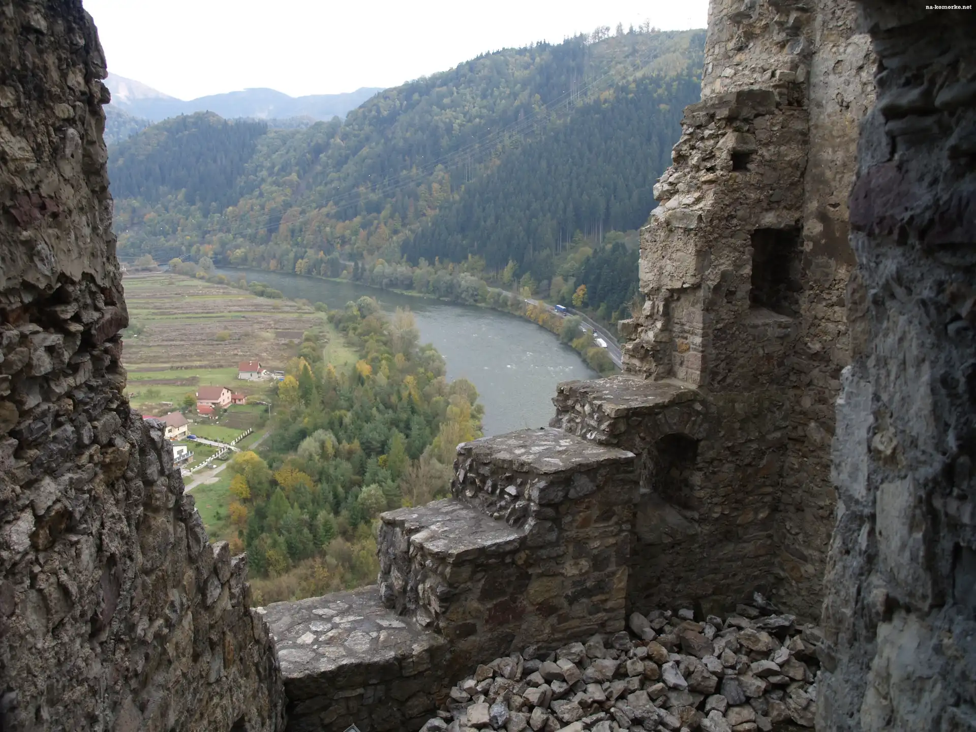 Rzeka, Zamku, Fragment, Domy, Góry, Las