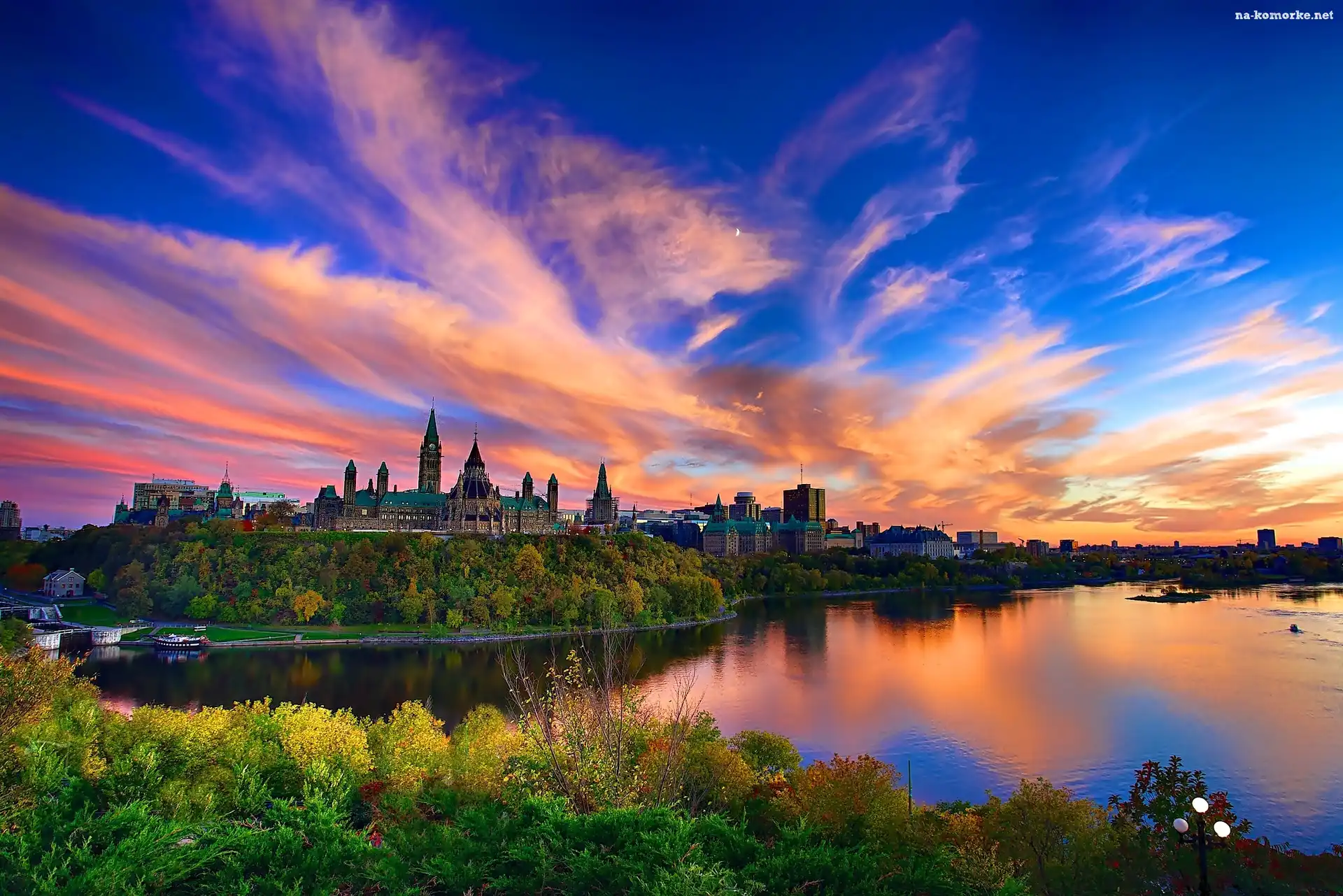 Kanada, Rzeka, Ottawa, Zachód Słońca, Parlament Hill