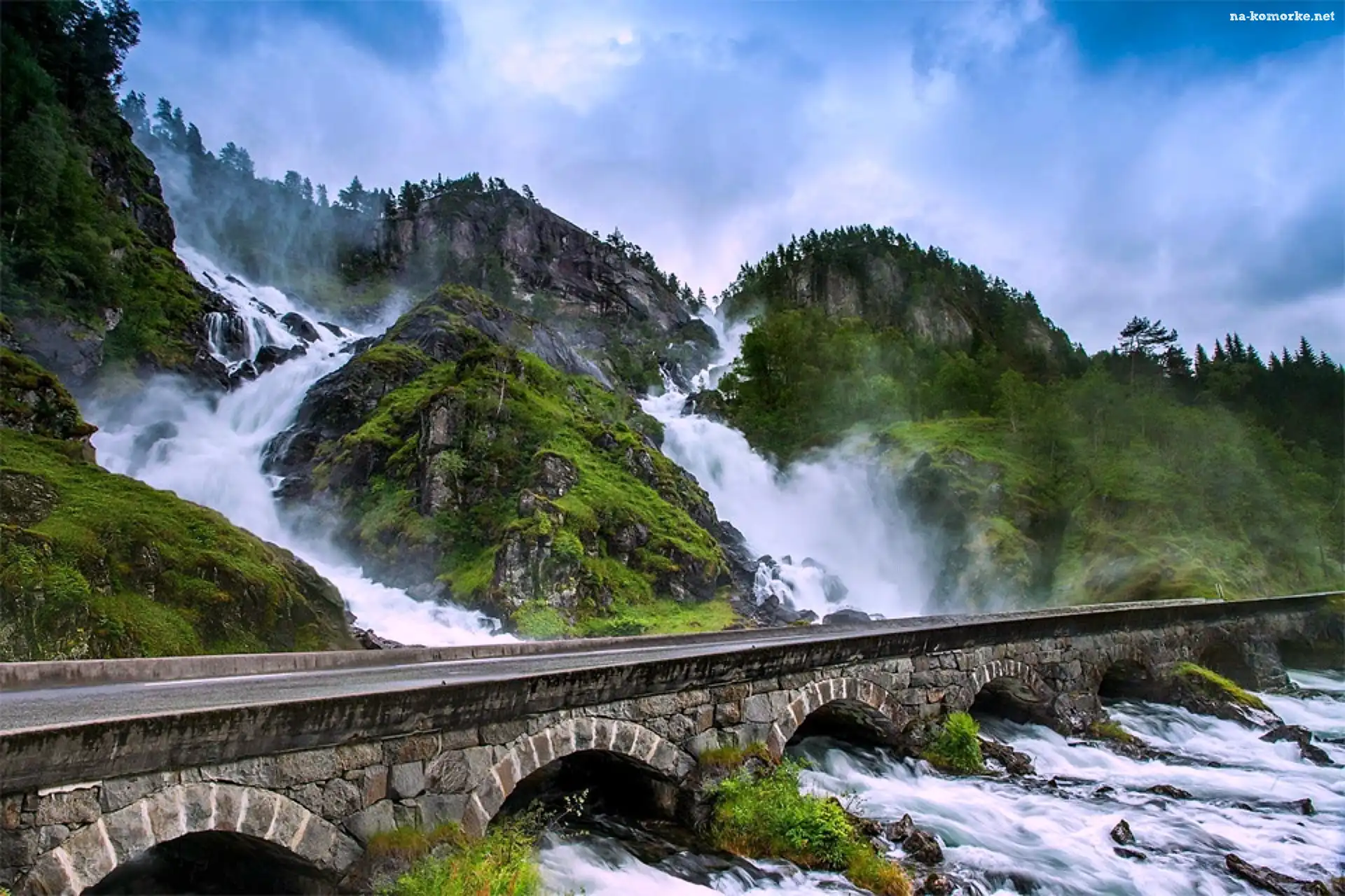 Rzeka, Wodospad, Norwegia, Most, Latefossen, Droga
