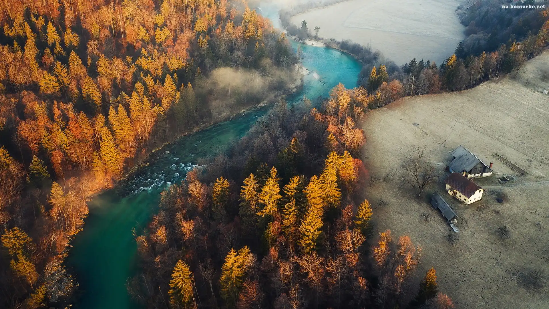 Mgła, Jesień, Polana, Pożółkłe, Słowenia, Rzeka Sava, Z lotu ptaka, Drzewa, Domy