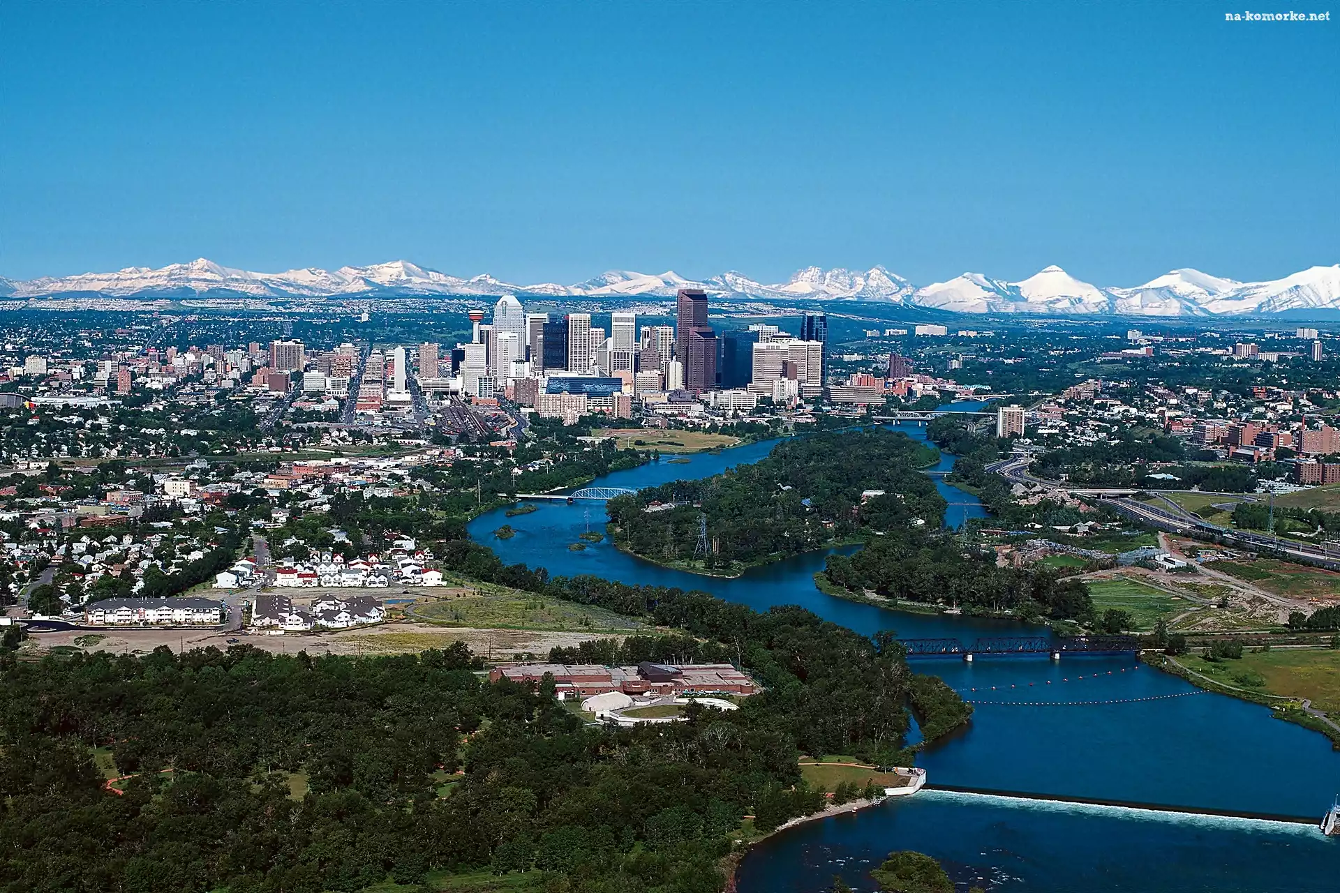 Rzeka, Panorama, Calgary, Roślinność, Miasta, Bow