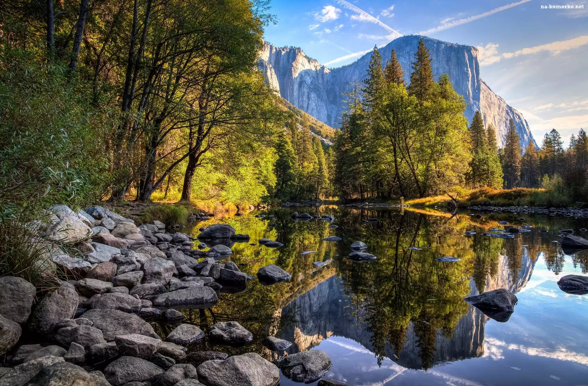 Stany Zjednoczone, Rzeka, Park Narodowy Yosemite, Odbicie, Kalifornia, Kamienie, Drzewa, Góry