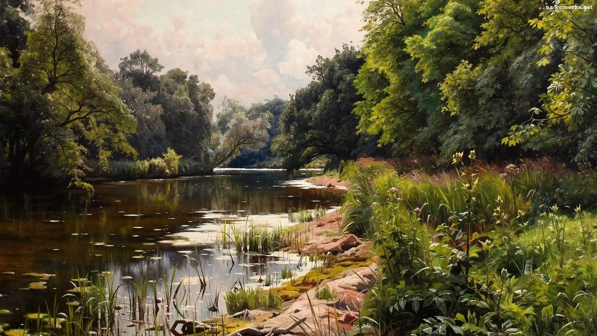 Obraz, Drzewa, Roślinność, Malarstwo, Peder Mork Monsted, Pejzaż, Rzeka