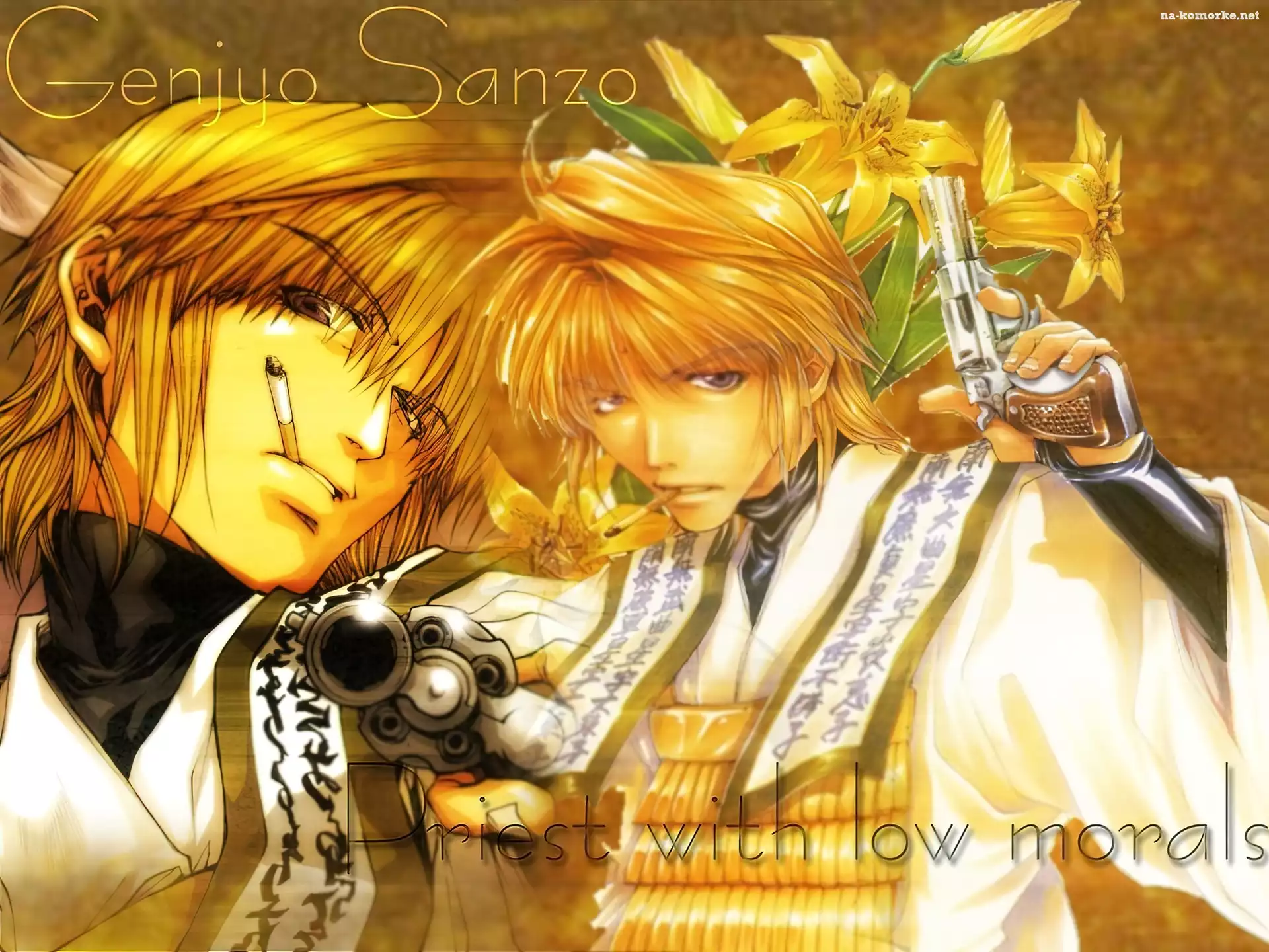 pistolet, ludzie, Saiyuki, kwiaty