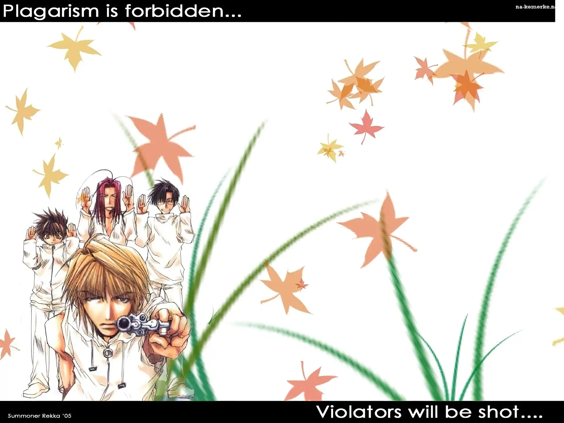 Saiyuki, liście, ludzie, pistolet