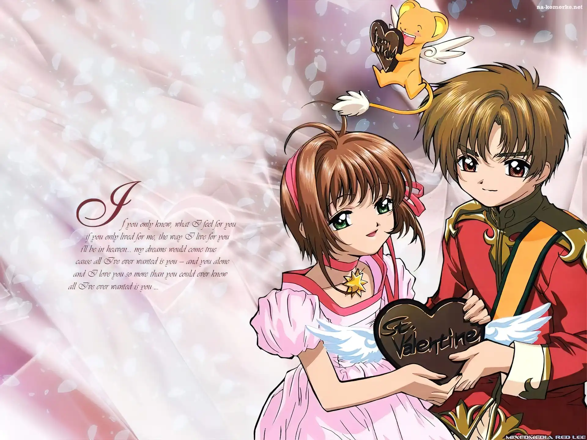 Cardcaptor Sakura, pluszak, skrzydełka, para, ludzie, napisy, serce