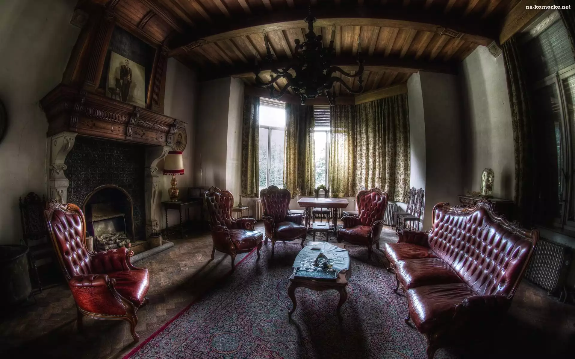 Salon, Półmrok, Meble, Kominek