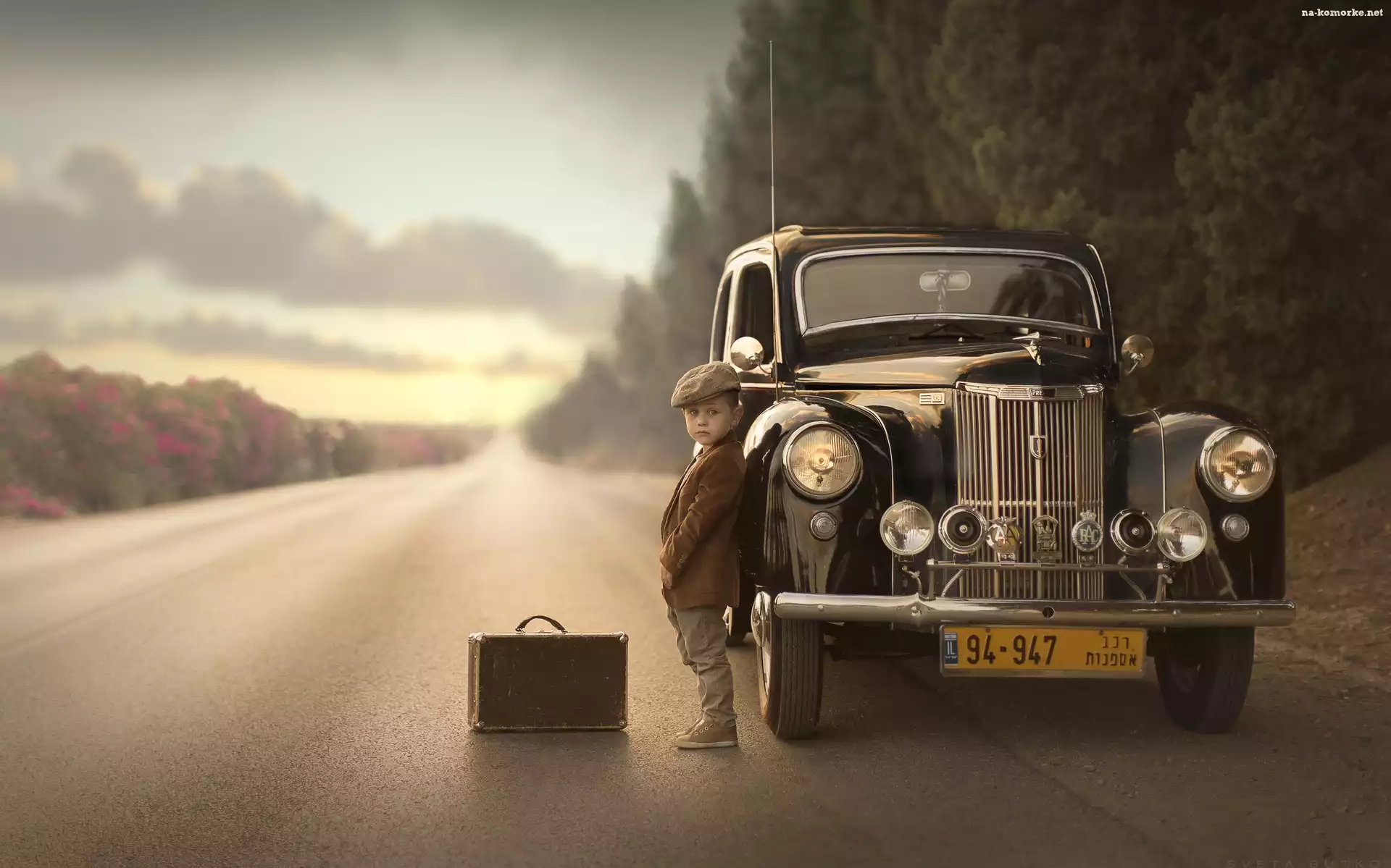 Ford Prefect, Samochód, Dziecko, 1949-53, Tło, Zabytkowy, Rozmyte, Droga, Walizka