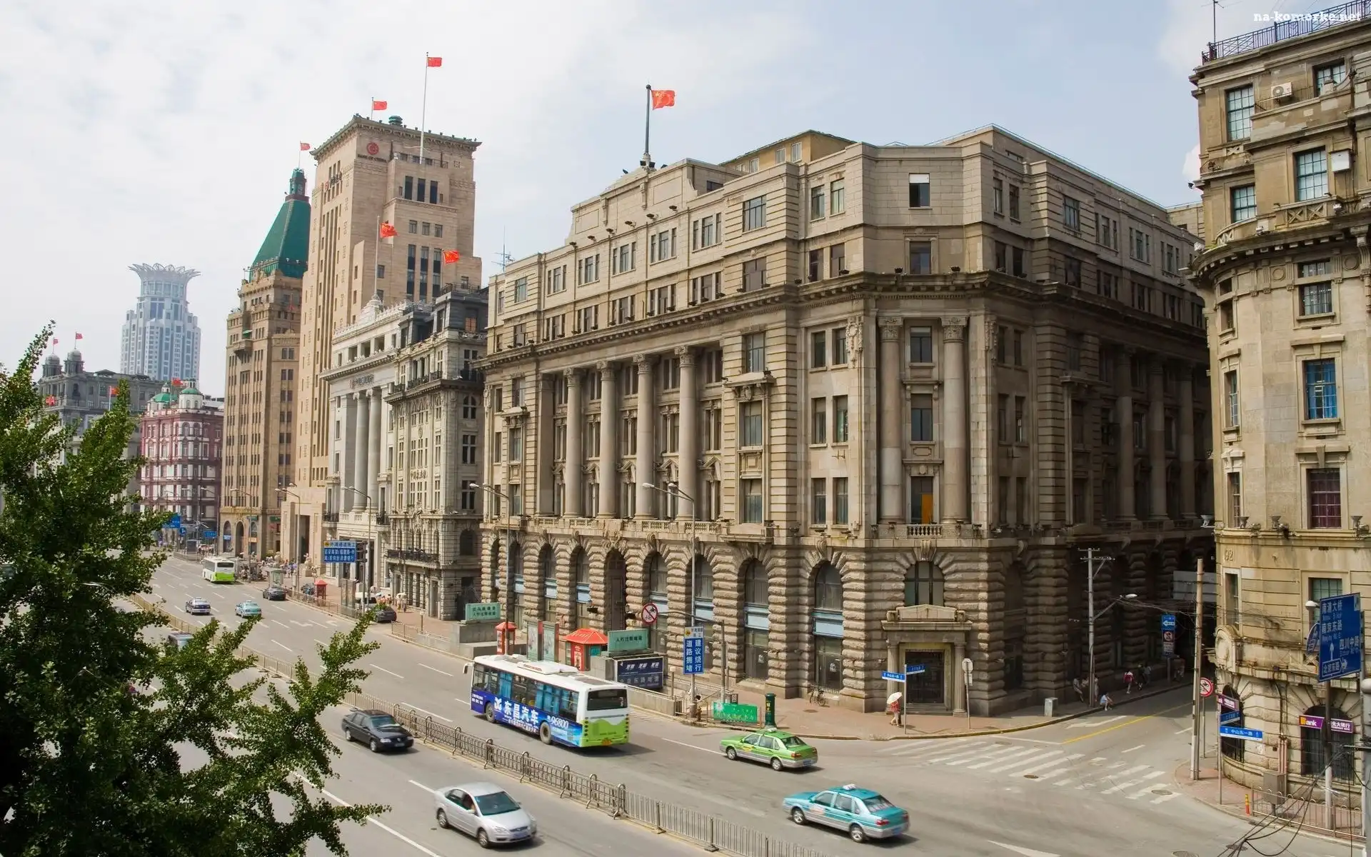 Chiny, Samochody, Autobus, Szanghaj, Miasto, Ulica, Budynki