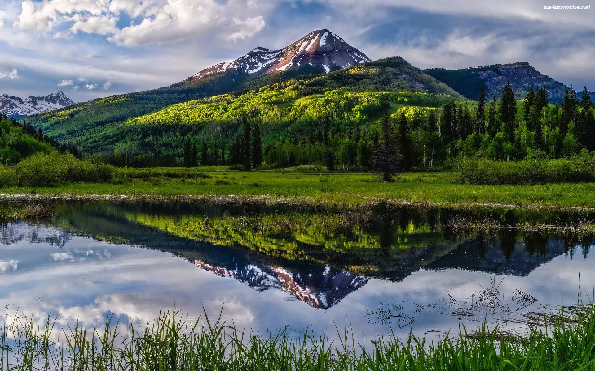 Jezioro, Stan Kolorado, Chmury, Góry, Odbicie, Stany Zjednoczone, Drzewa, San Juan Mountains