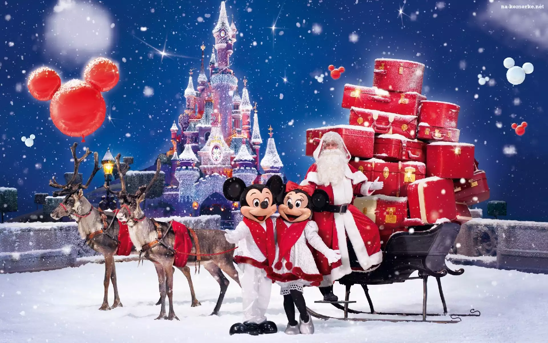Disneyland, Sanie, Renifery, Mikołaj, Śnieg, Myszka, Miki