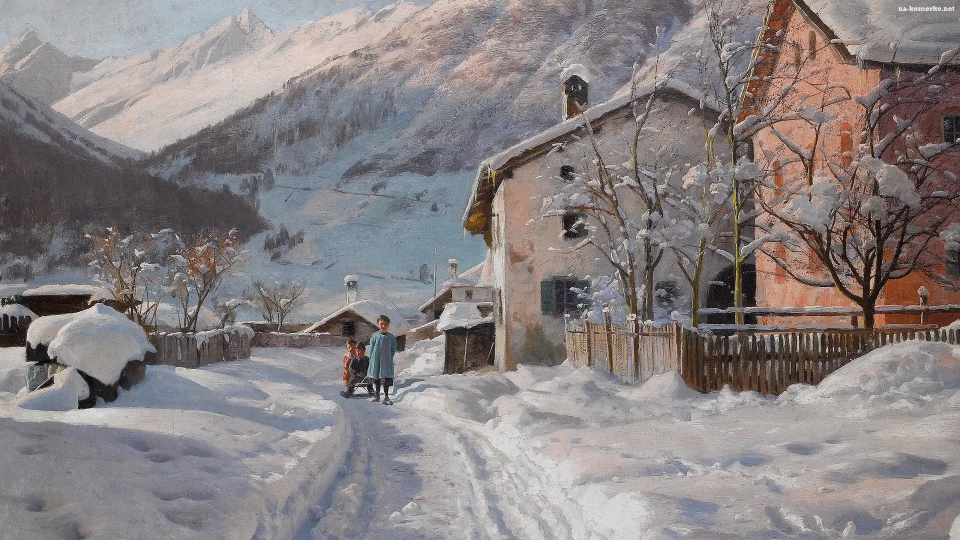 Malarstwo, Domy, Zima, Droga, Obraz, Peder Mork Monsted, Dzieci, Sanki