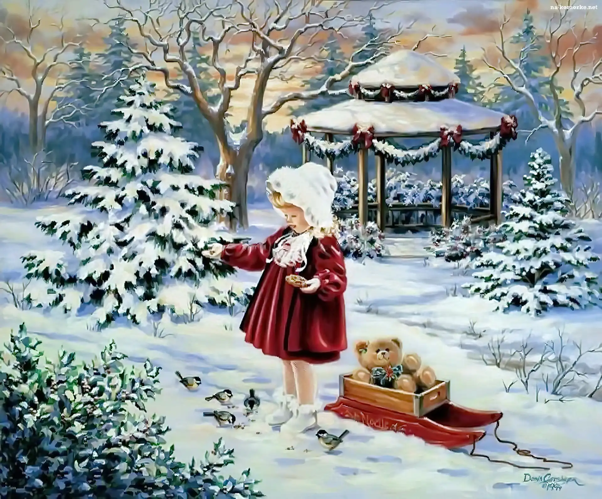 Sanki, Karmi, Dziewczynka, Zima, Ptaszki, Misiu
