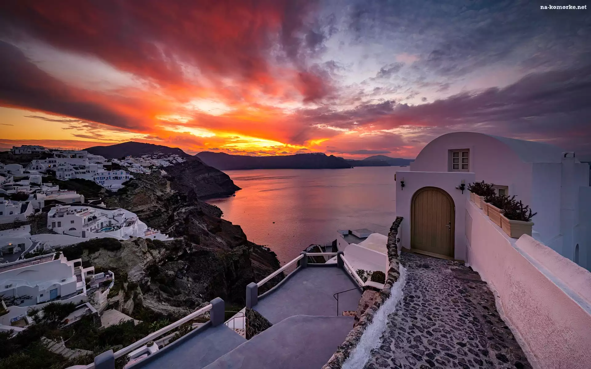 Zachód słońca, Domy, Santorini, Morze, Grecja