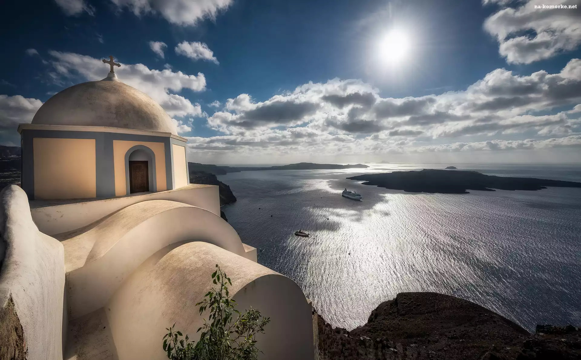 Świt, Santorini, Grecja, Kościół Agios Stylianos, Wschód słońca, Morze Egejskie