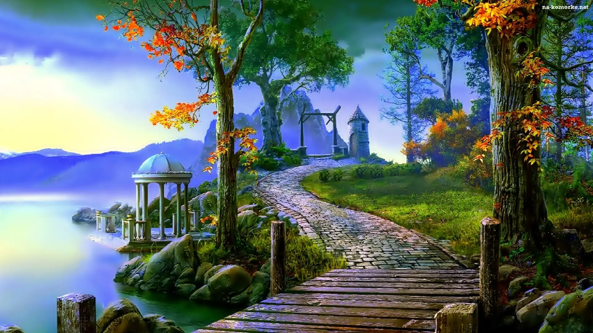 Schody, Fantasy, Jezioro, Góry, Drzewa