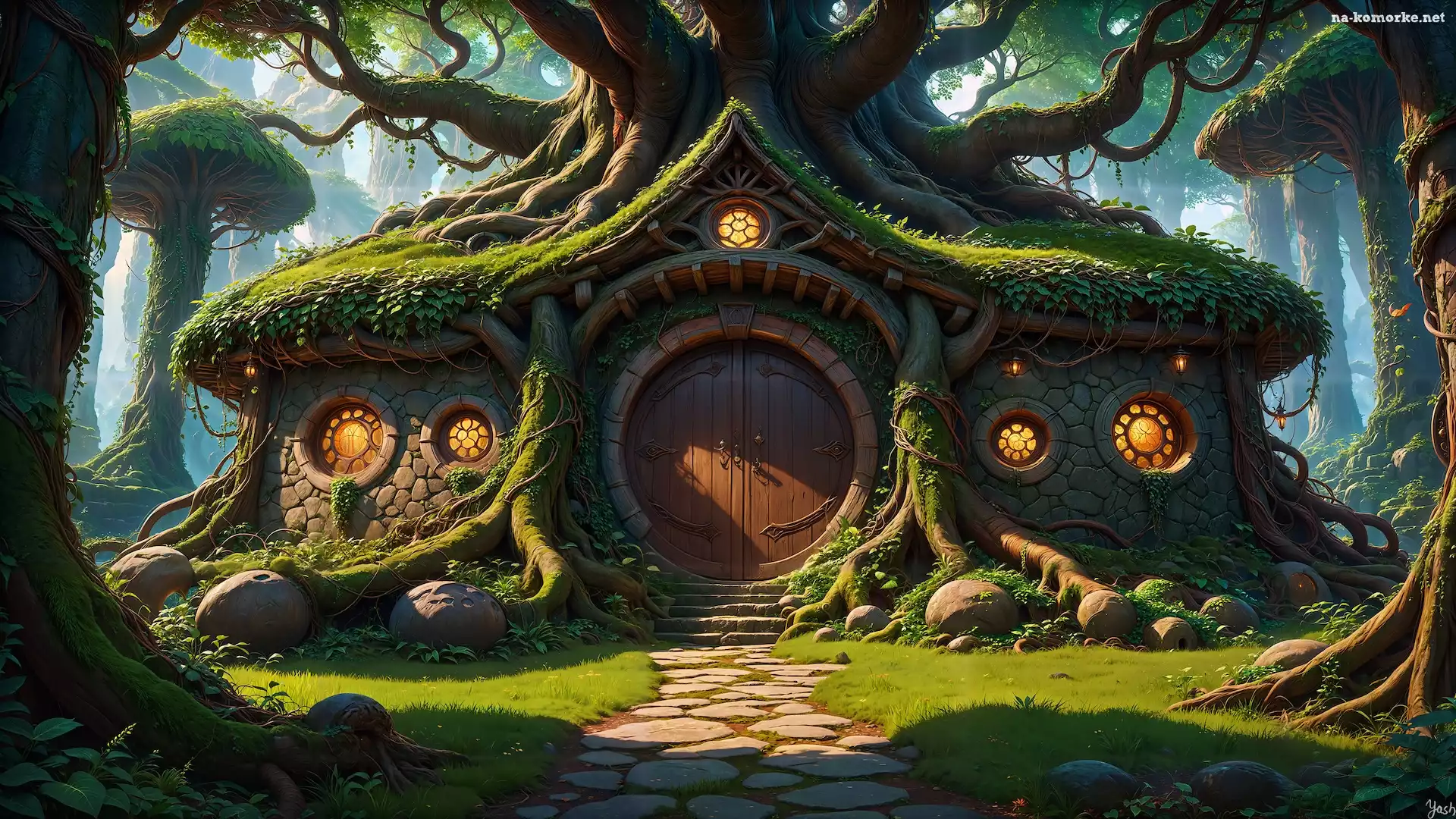 Omszały, Grafika, Dom, Ścieżka Fantasy, Drzewa, Fantazja