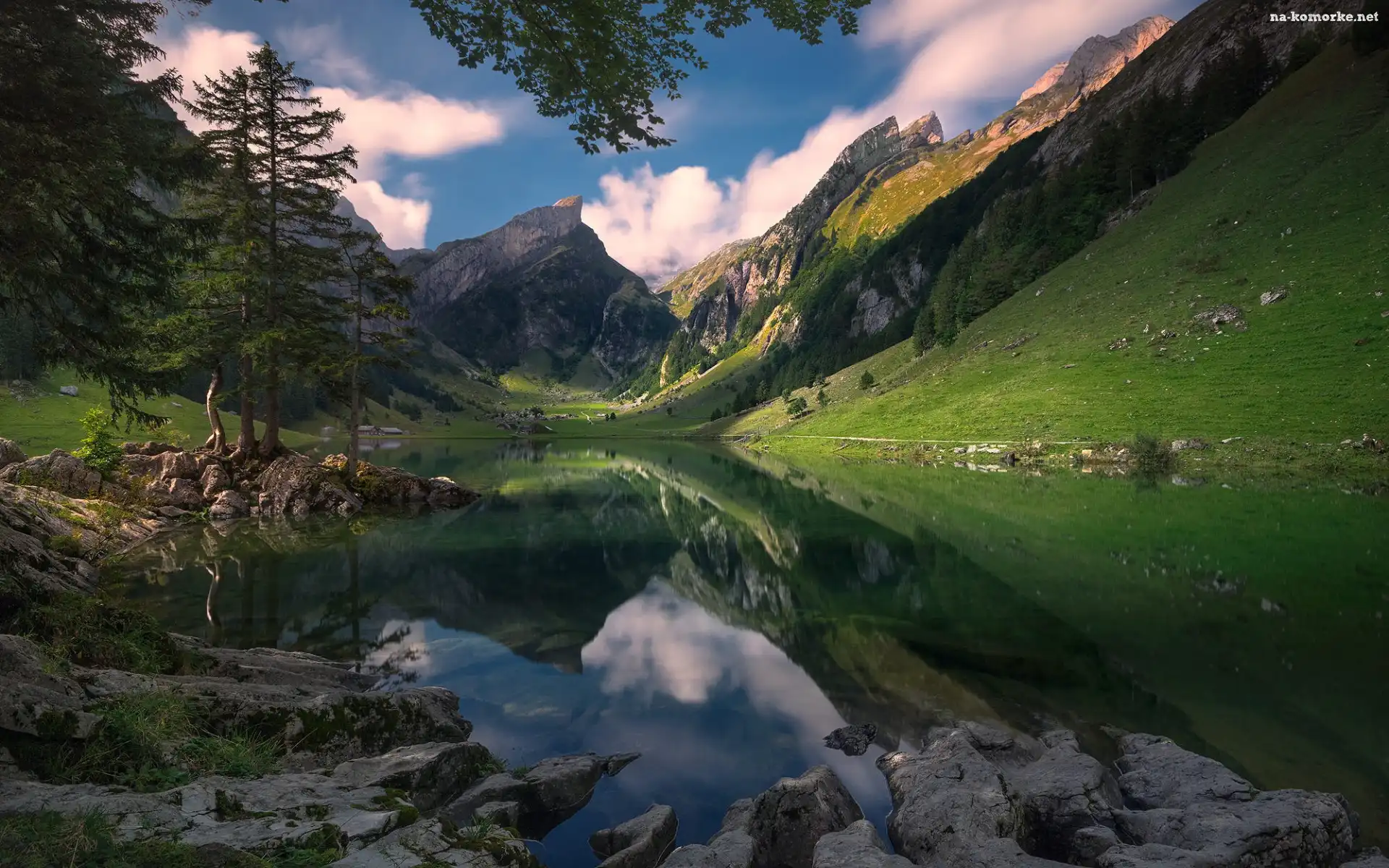 Chmury, Odbicie, Góry, Szwajcaria, Kamienie, Drzewa, Jezioro Seealpsee