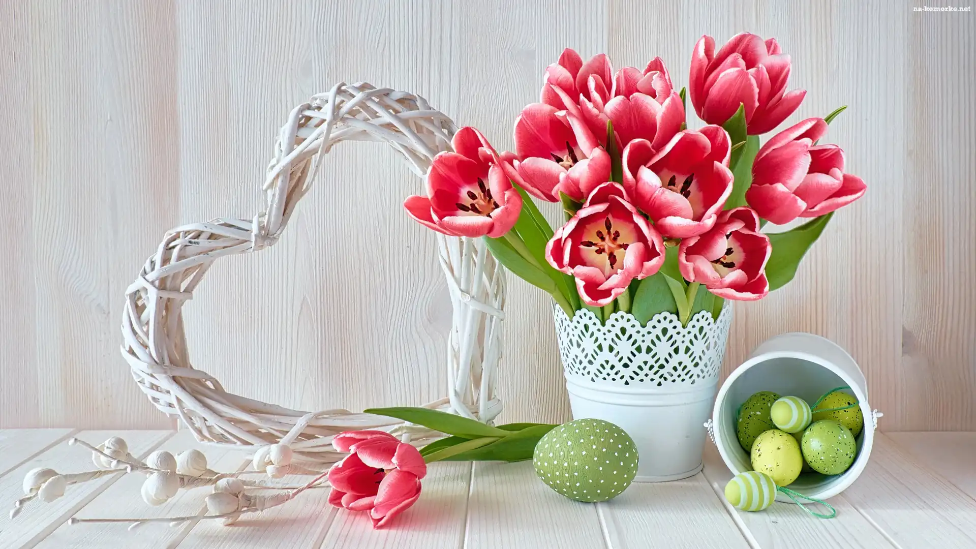 Tulipany, Serce, Wazon, Wielkanoc, Biały, Wiaderko, Pisanki, Wiklinowe