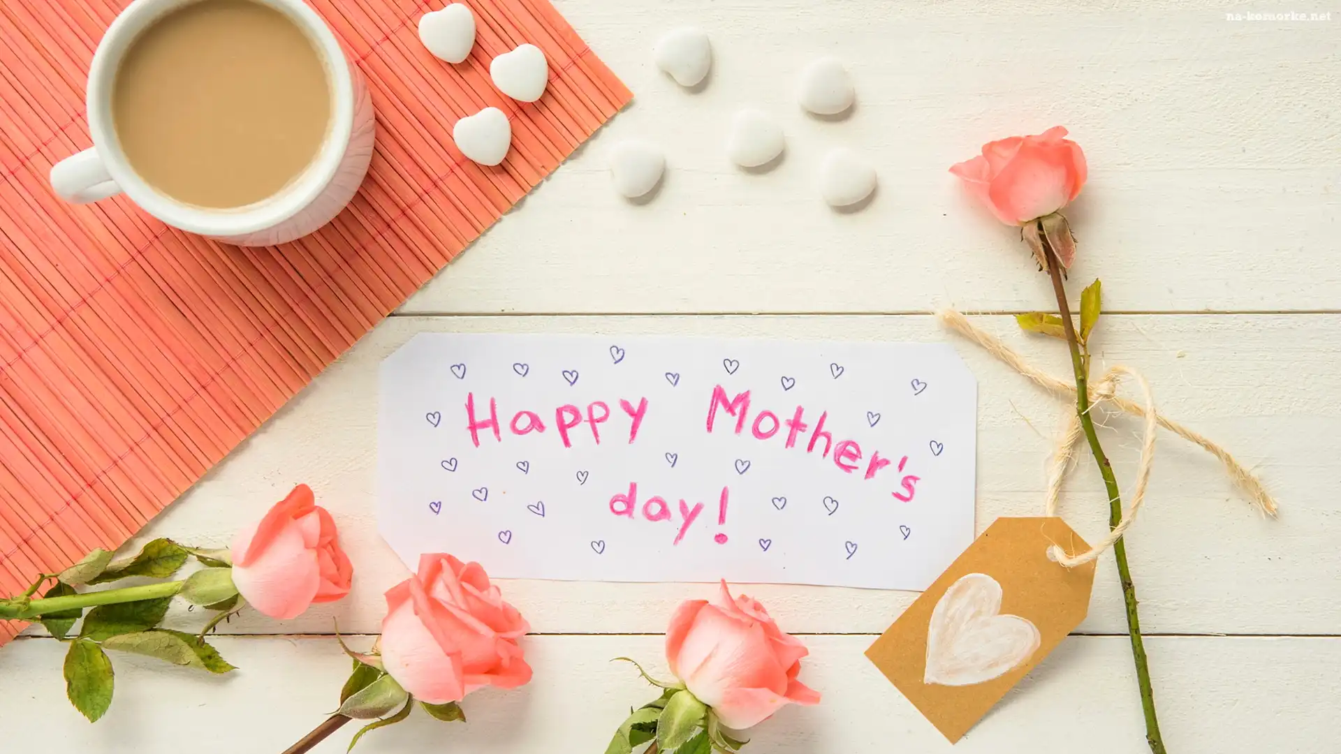 Kawa, Deski, Serduszka, Dzień Matki, Róże, Kartka, Napis, Happy Mothers Day