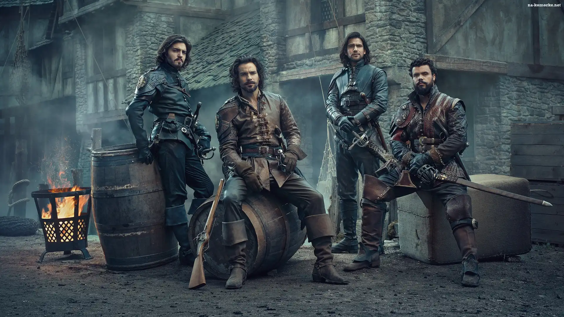 Serial, Tom Burke, Atos, Muszkieterowie, Howard Charles, Santiago Cabrera, Luke Pasqualino, The Musketeers, Portos, Aramis, D Artagnan